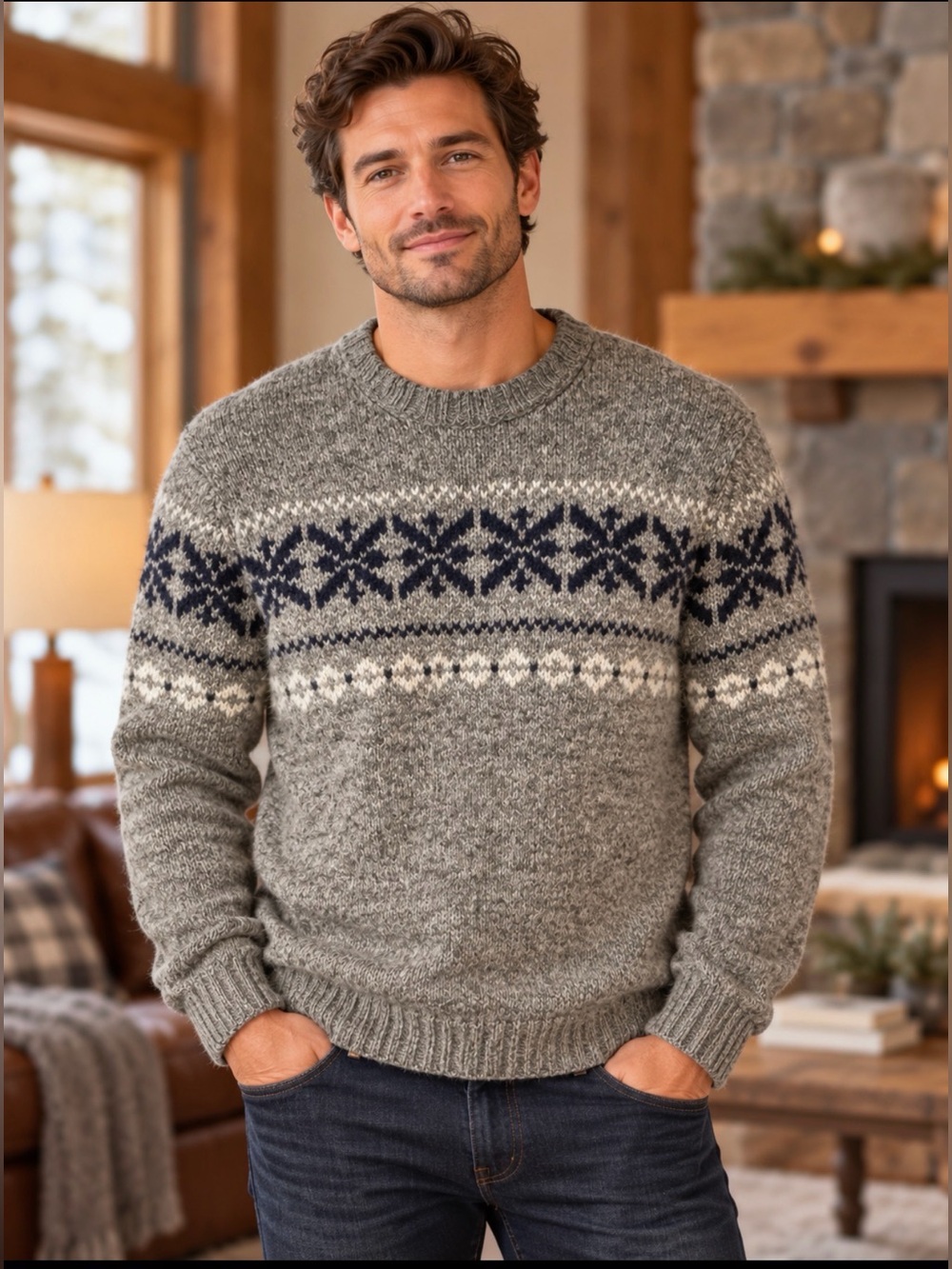 Abercrombie & Fitch Gray Fair Isle Crewneck Sweater with Navy Pattern size large